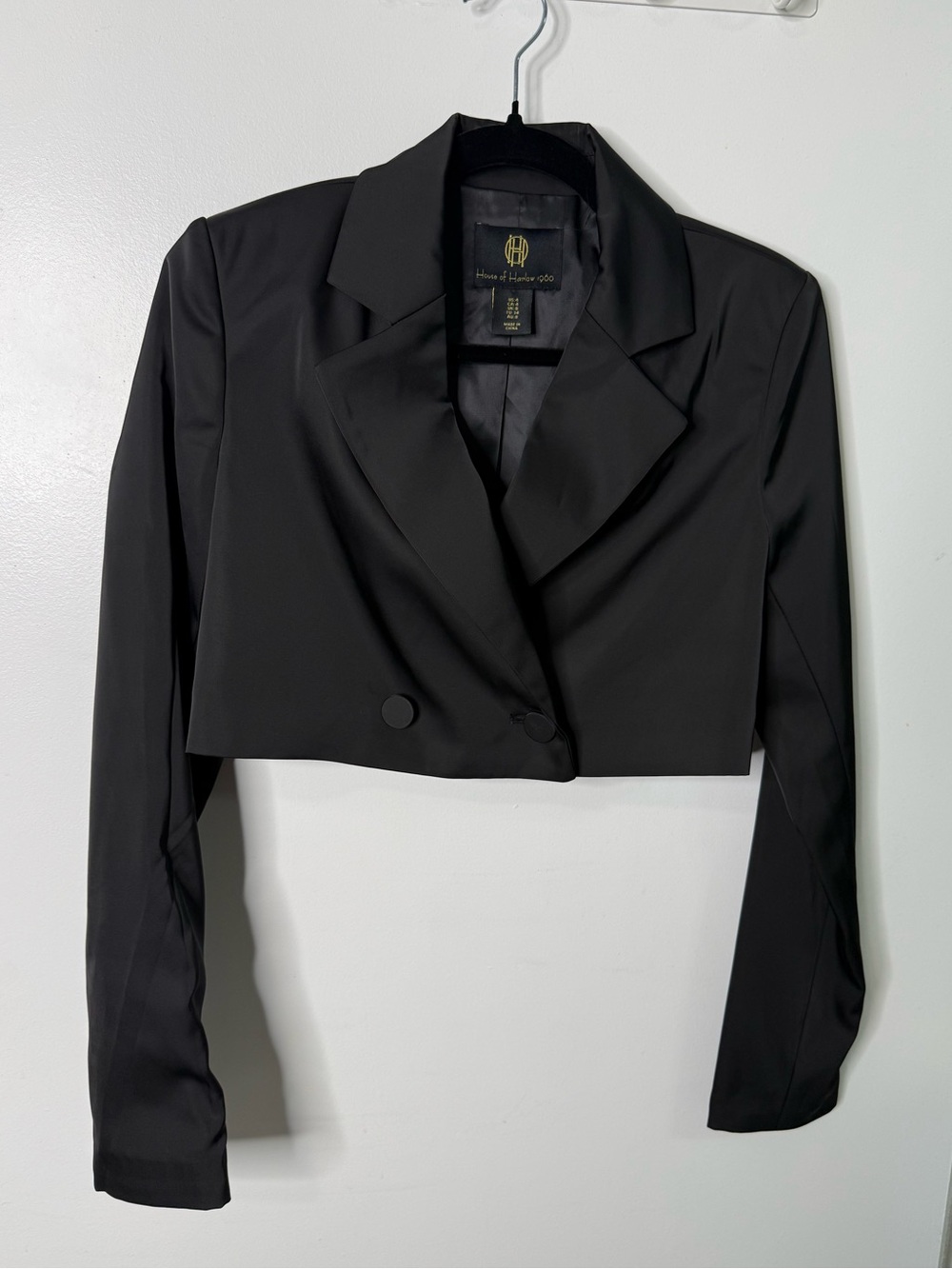 House of Harlow 1960 Black Cropped Double-Button Satin Blazer Preppy Jacket